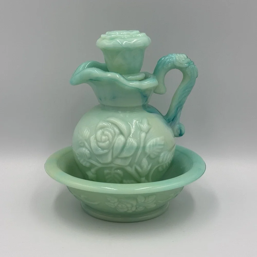 Vintage Avon Aqua Blue Jade Rose Mini Pitcher Bowl Vanity Bottle Set Grandmacore